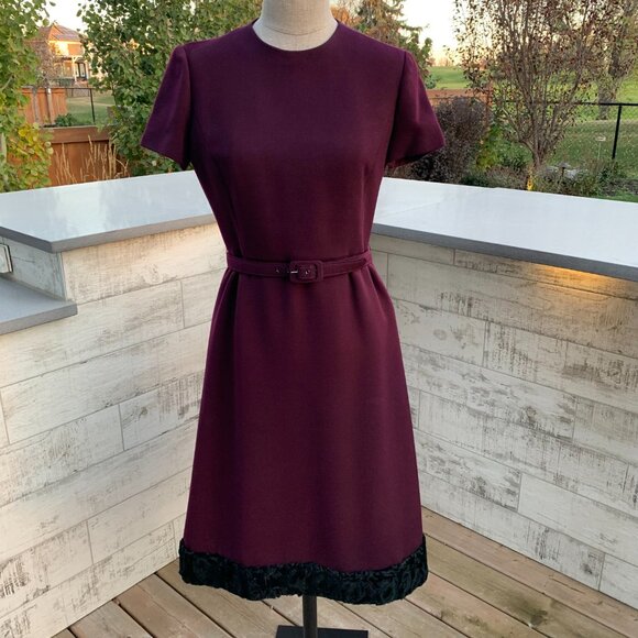 Vintage 60s Burgundy Black Faux Fur Trim 2 Pc Belted Dress Cropped Blazer Set - Picture 4 of 16